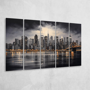 New York Skyline Acrylic Painting Black And White V1, 5 Panels Extra Large Canvas, Canvas Prints Wall Art Decor