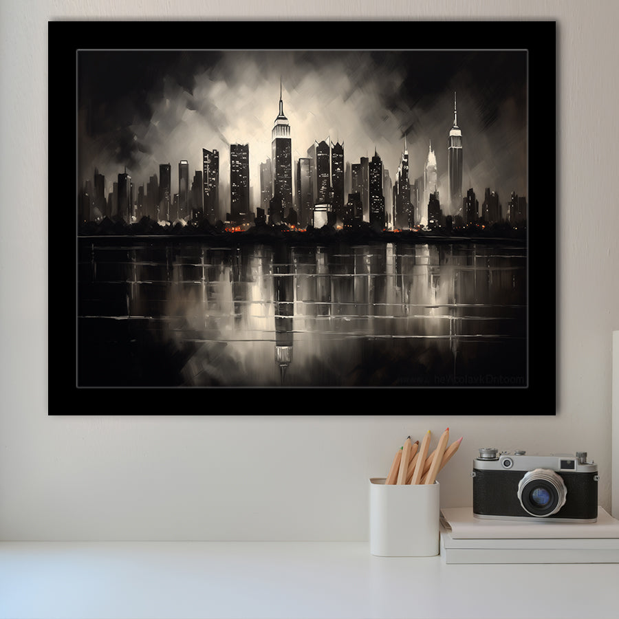 New York Skyline Acrylic Painting Black And White V2, Framed Art Print Wall Decor, Framed Picture