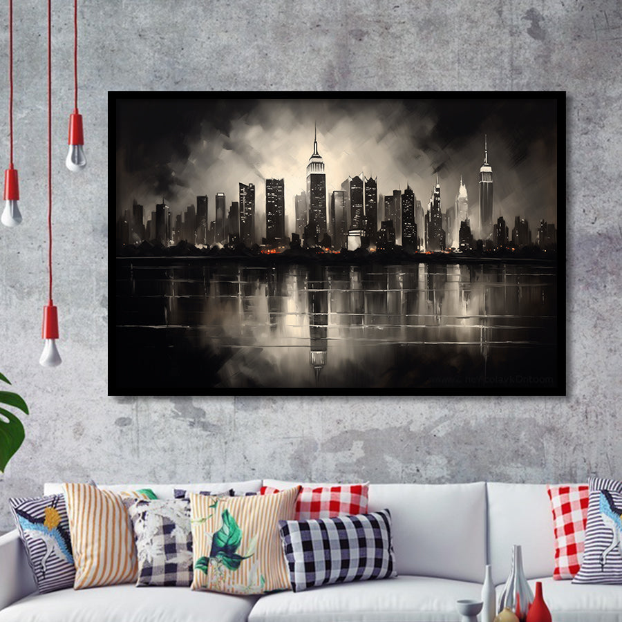 New York Skyline Acrylic Painting Black And White V2, Framed Art Print Wall Decor, Framed Picture