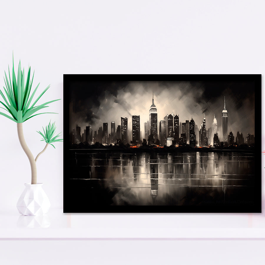 New York Skyline Acrylic Painting Black And White V2, Framed Art Print Wall Decor, Framed Picture
