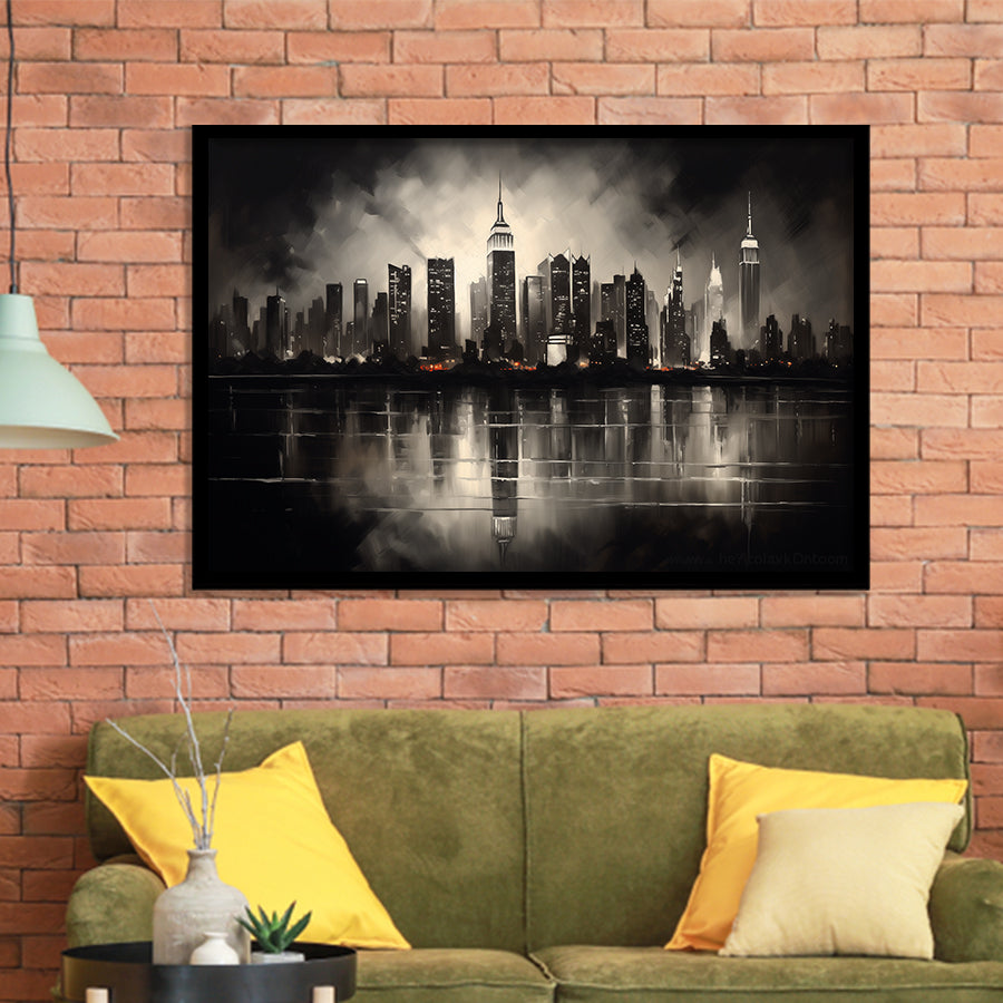 New York Skyline Acrylic Painting Black And White V2, Framed Art Print Wall Decor, Framed Picture
