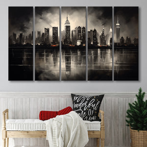 New York Skyline Acrylic Painting Black And White V2, 5 Panels Extra Large Canvas, Canvas Prints Wall Art Decor