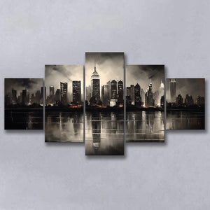 New York Skyline Acrylic Painting Black And White V2, 5 Panels Mixed Large Canvas, Canvas Prints Wall Art Decor