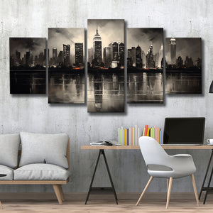 New York Skyline Acrylic Painting Black And White V2, 5 Panels Mixed Large Canvas, Canvas Prints Wall Art Decor