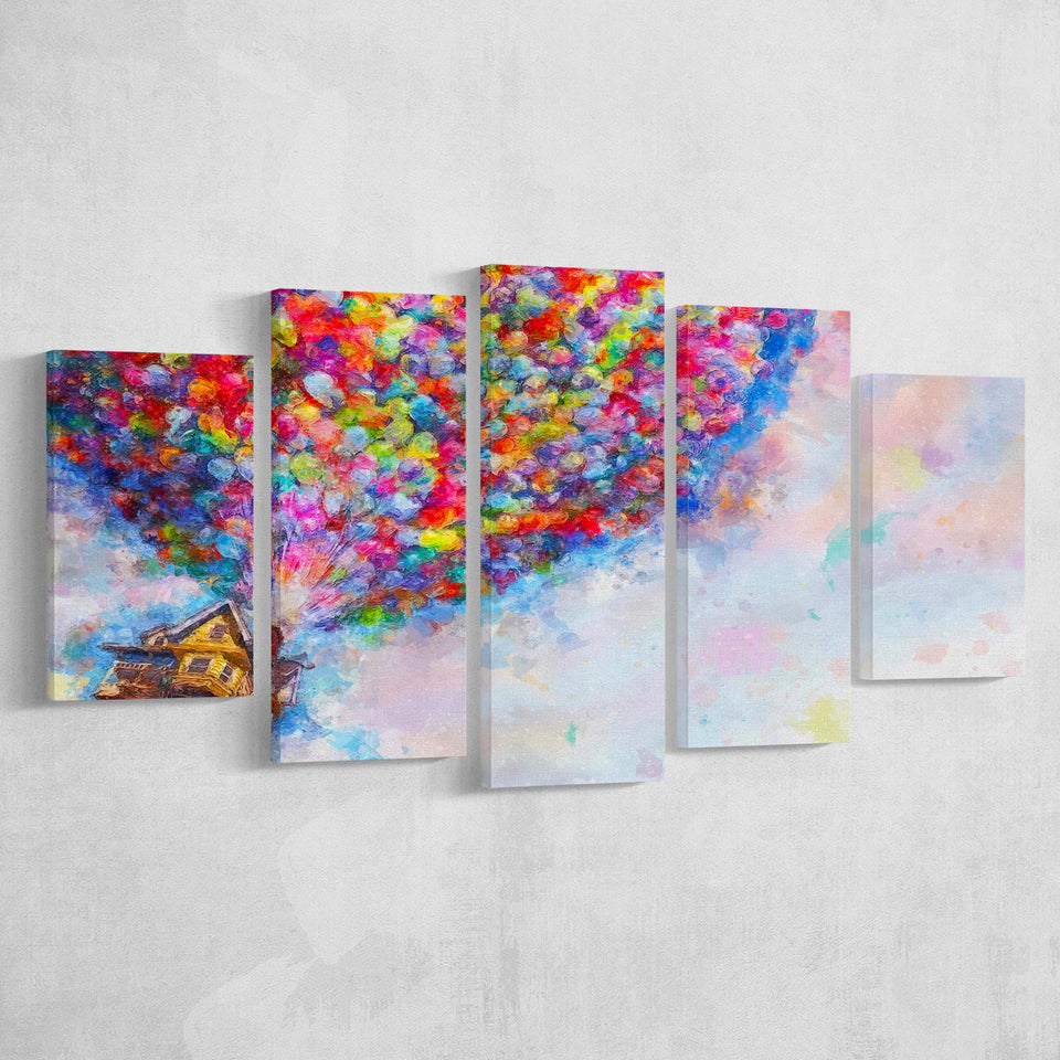 Pixar Dream house fly with balloons Painting 5 Piece Canvas Prints Wall Art - Painting Prints, Wall Decor,Multi Panel