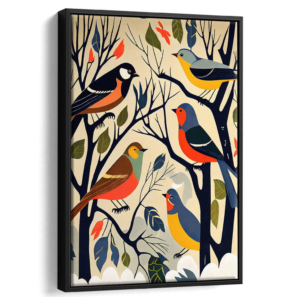 Songbirds Retro Art Print, Large Canvas, Framed Canvas Print Wall Art Home Decor, Floating Frame