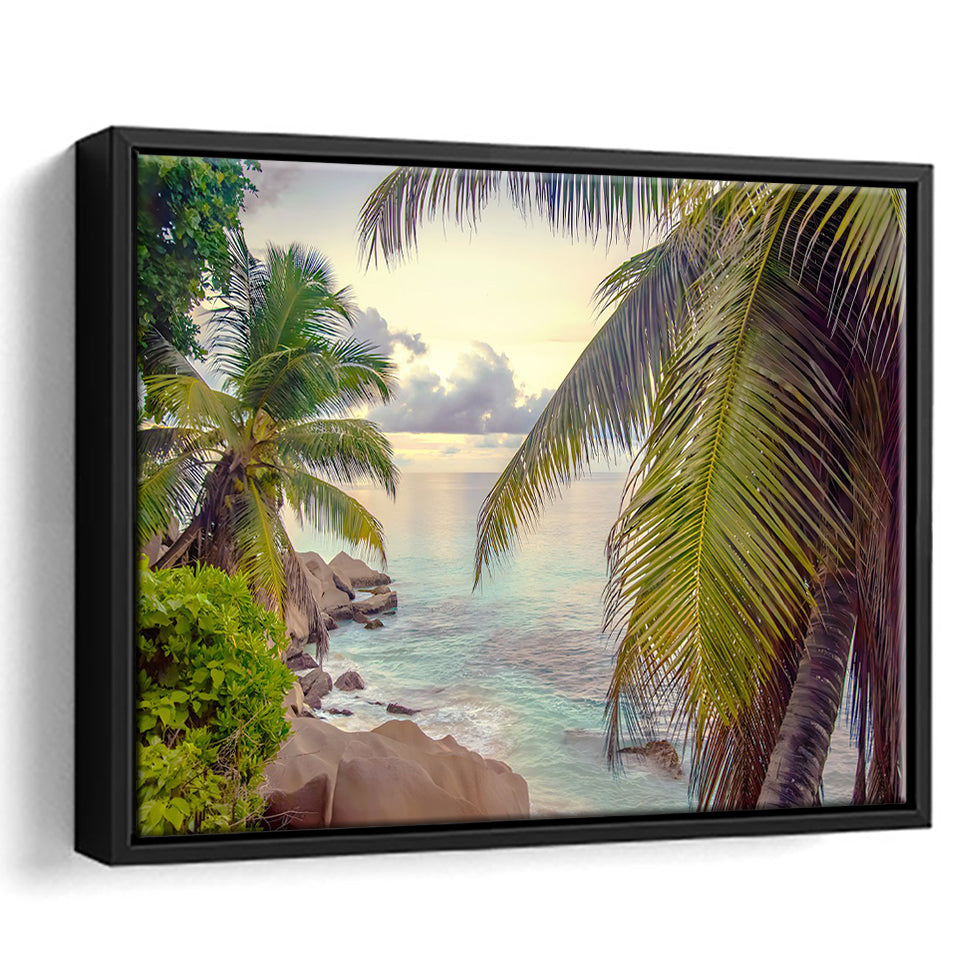 Tropical, Palm Trees Print Tropical Decor Framed Canvas Prints Wall Art Decor, Black Floating Frame