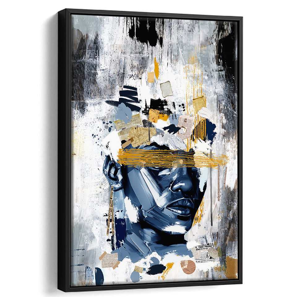Potrait Abstract Face, African American Blue And Grey Art, Framed Canvas Prints Wall Art Decor, Floating Frame