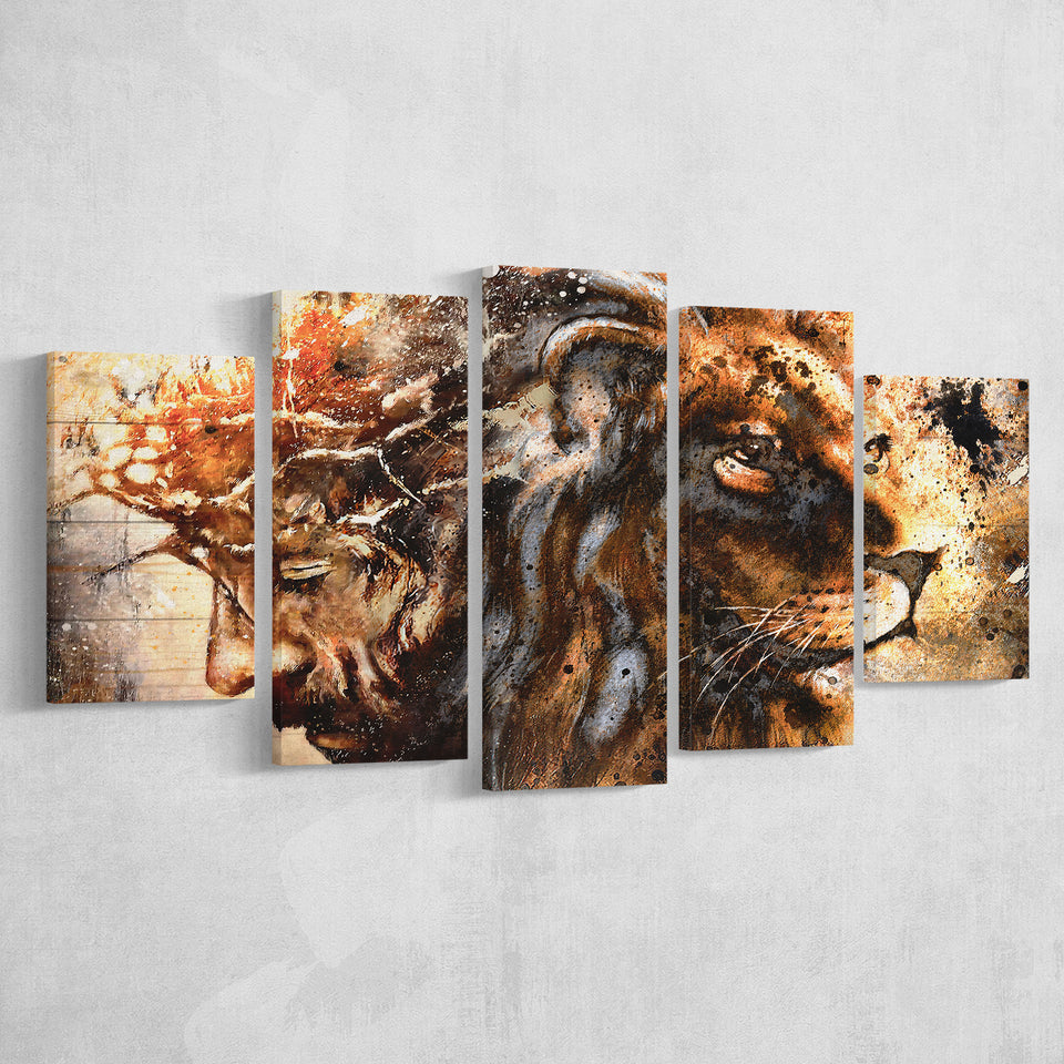 Jesus And Lion 5 Piece Multi Panels Canvas Prints Wall Art - Painting Canvas,Wall Decor