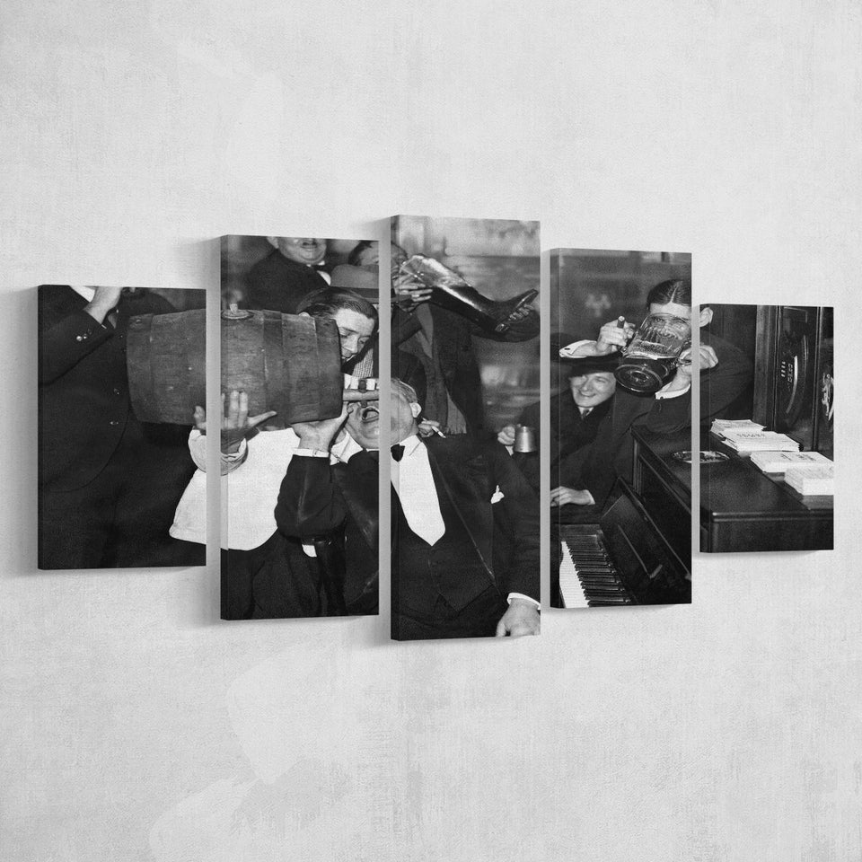 Beer Drinking Bar Black And White Print, End Of Prohibition 5 Panels, Canvas Prints Wall Art Decor, Large Canvas Art