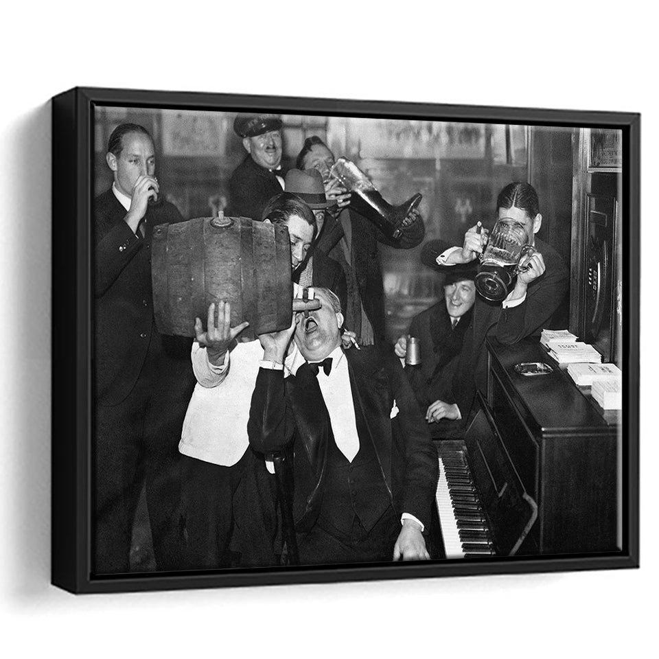 Beer Drinking Bar Black And White Print, End Of Prohibition Framed Canvas Prints Wall Art Home Decor,Floating Frame