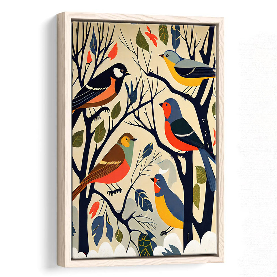 Songbirds Retro Art Print, Large Canvas, Framed Canvas Print Wall Art Home Decor, Floating Frame