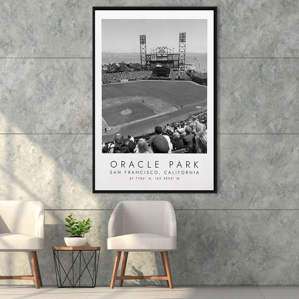 Oracle Park San Francisco Giants, Stadium Wall Art For Baseball Lovers, B&W, Floating Framed Canvas Print
