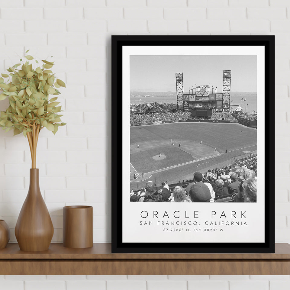 Oracle Park San Francisco Giants, Stadium Wall Art For Baseball Lovers, B&W, Floating Framed Canvas Print