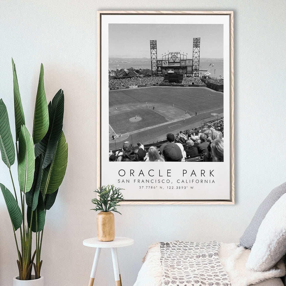 Oracle Park San Francisco Giants, Stadium Wall Art For Baseball Lovers, B&W, Floating Framed Canvas Print