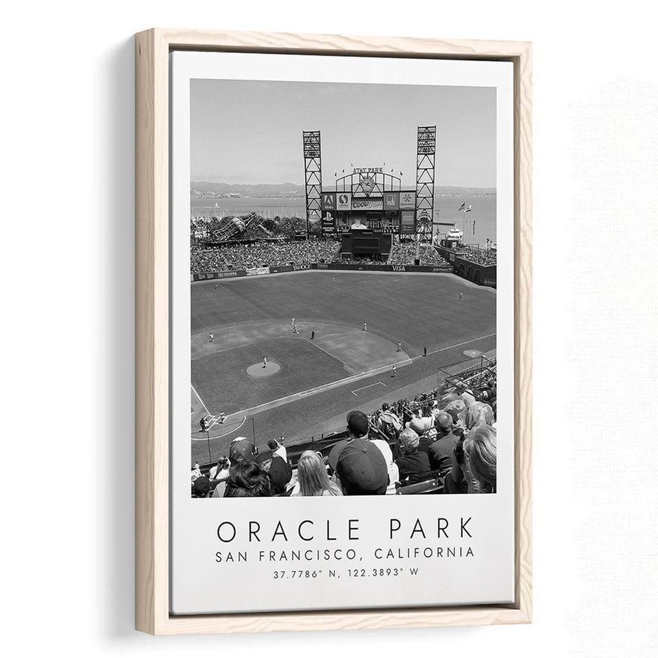 Oracle Park San Francisco Giants, Stadium Wall Art For Baseball Lovers, B&W, Floating Framed Canvas Print