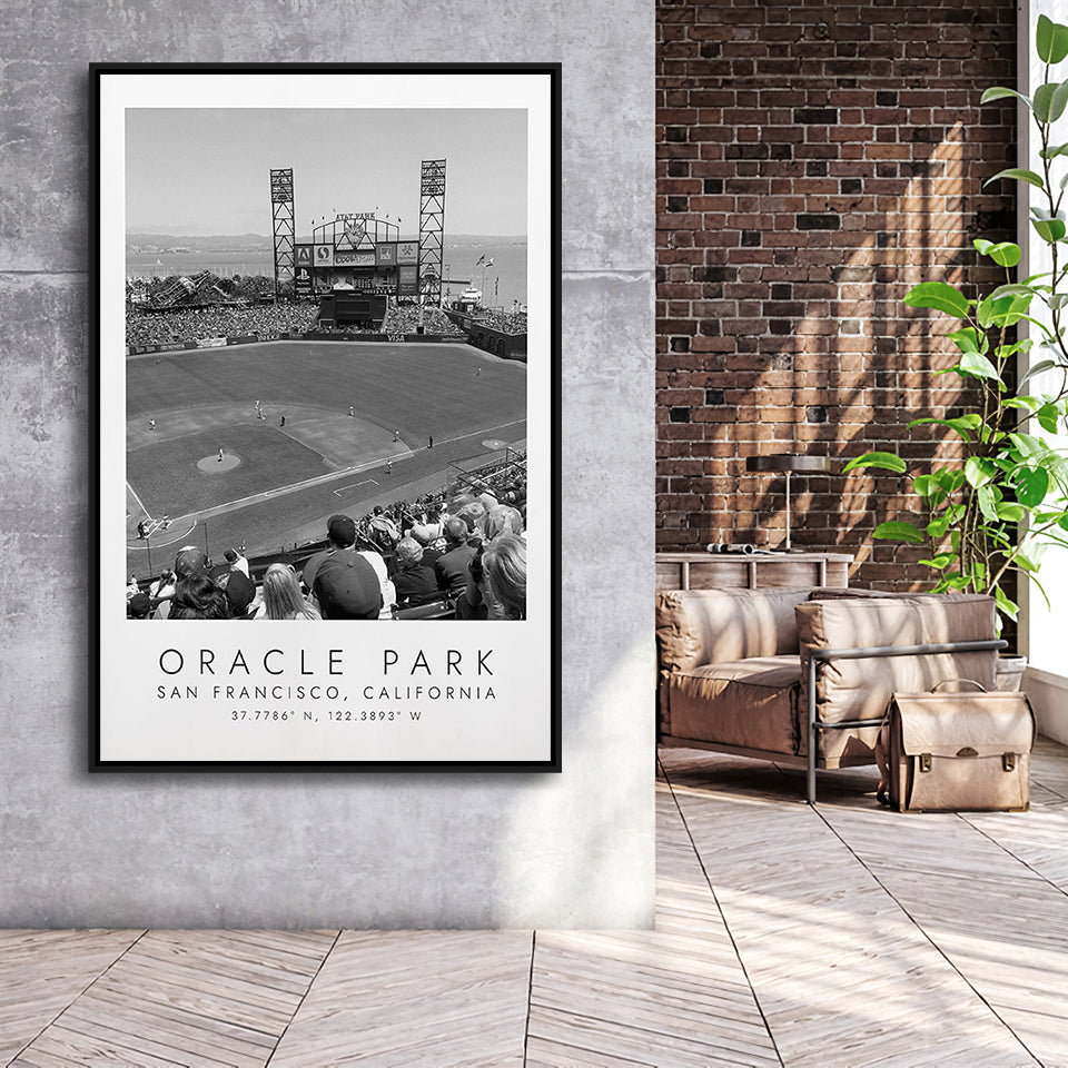 Oracle Park San Francisco Giants, Stadium Wall Art For Baseball Lovers, B&W, Floating Framed Canvas Print