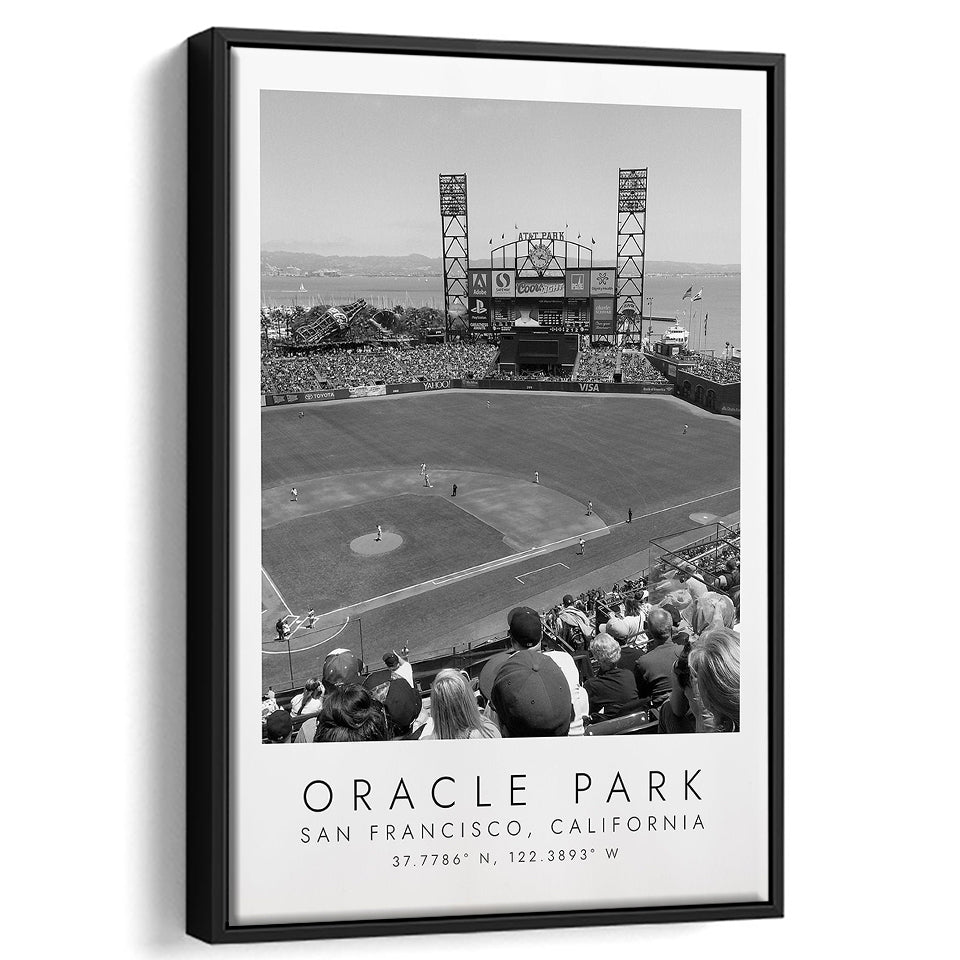 Oracle Park San Francisco Giants, Stadium Wall Art For Baseball Lovers, B&W, Floating Framed Canvas Print