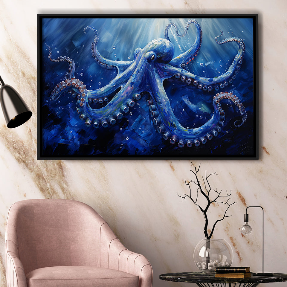 Octopus In The Sea Ocean Acrylic Painting Blue, Floating Frame, Framed Canvas Print Wall Art Home Decor