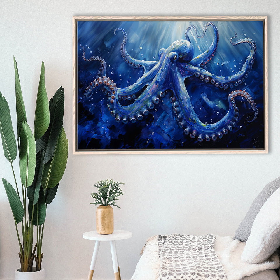 Octopus In The Sea Ocean Acrylic Painting Blue, Floating Frame, Framed Canvas Print Wall Art Home Decor