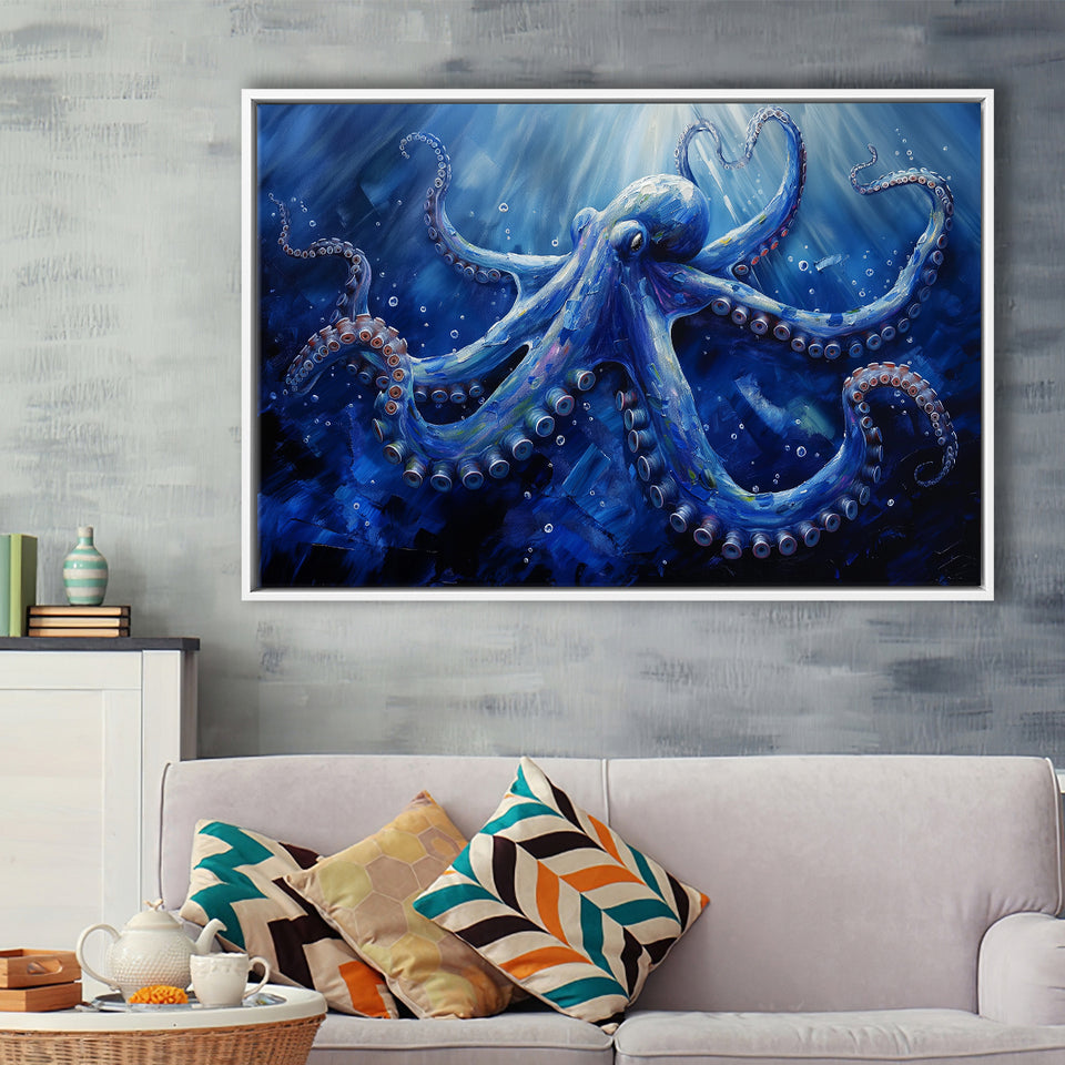 Octopus In The Sea Ocean Acrylic Painting Blue, Floating Frame, Framed Canvas Print Wall Art Home Decor