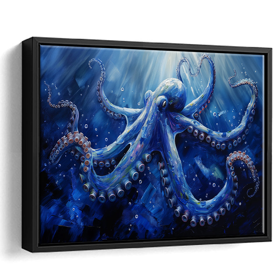 Octopus In The Sea Ocean Acrylic Painting Blue, Floating Frame, Framed Canvas Print Wall Art Home Decor