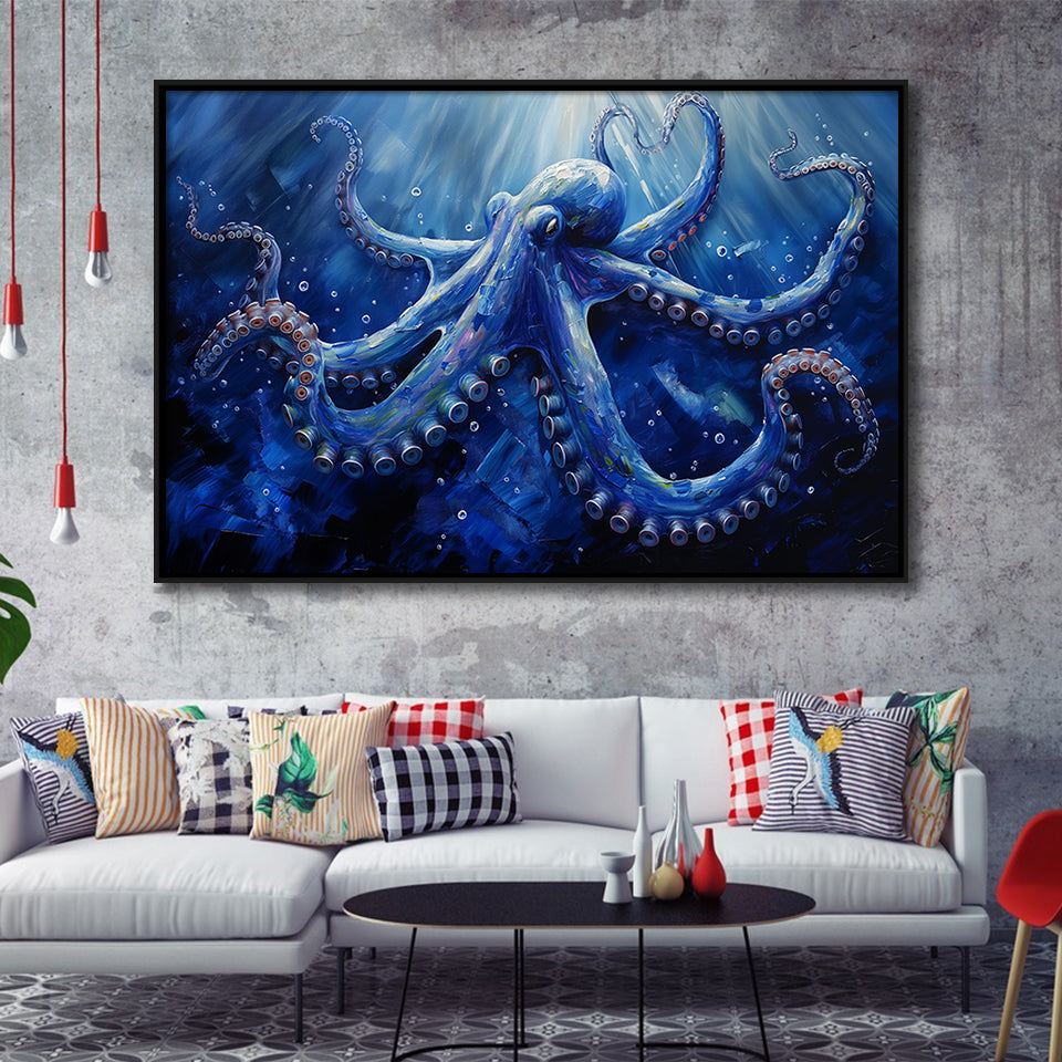 Octopus In The Sea Ocean Acrylic Painting Blue, Floating Frame, Framed Canvas Print Wall Art Home Decor