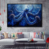 Octopus In The Sea Ocean Acrylic Painting Blue, Floating Frame, Framed Canvas Print Wall Art Home Decor