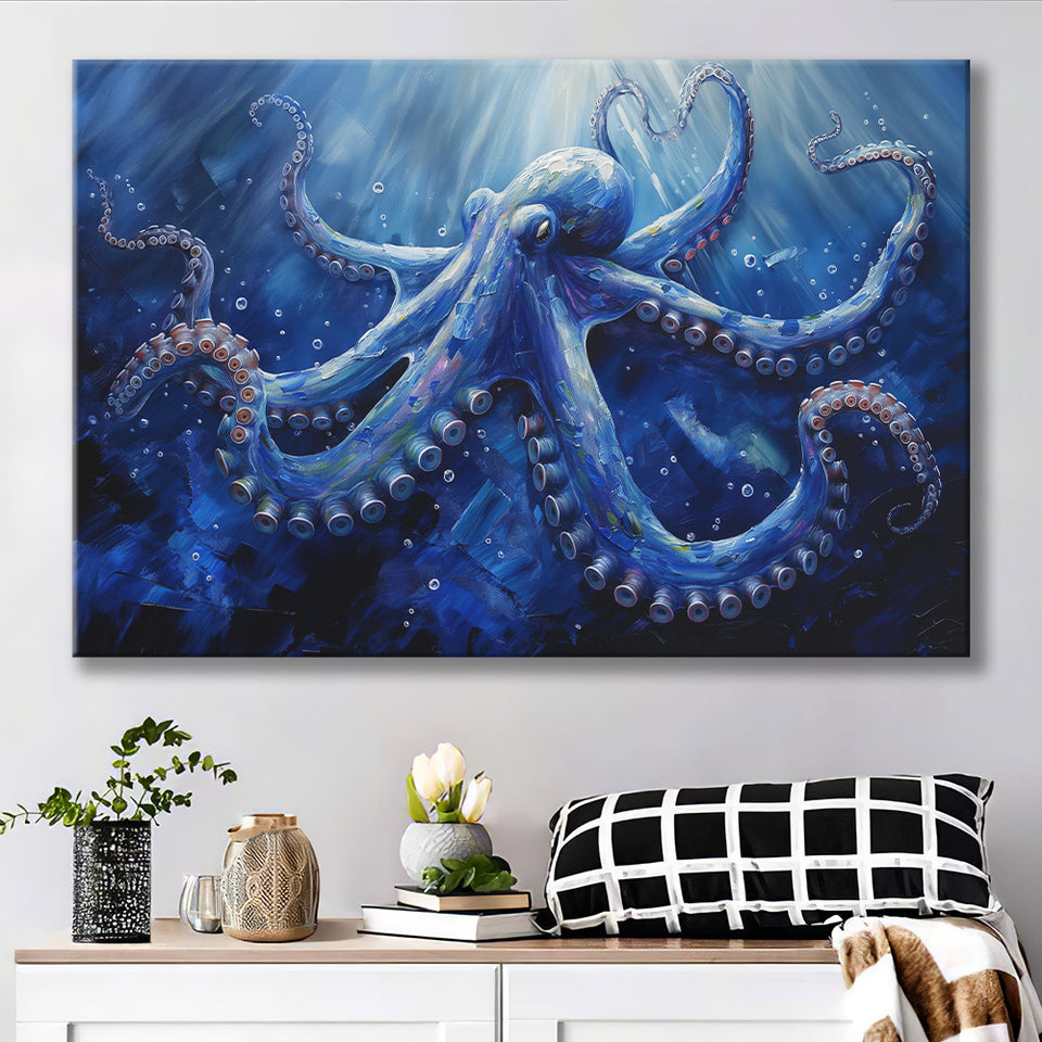 Octopus In The Sea Ocean Acrylic Painting Blue, Art Print, Canvas Print Wall Art Home Decor