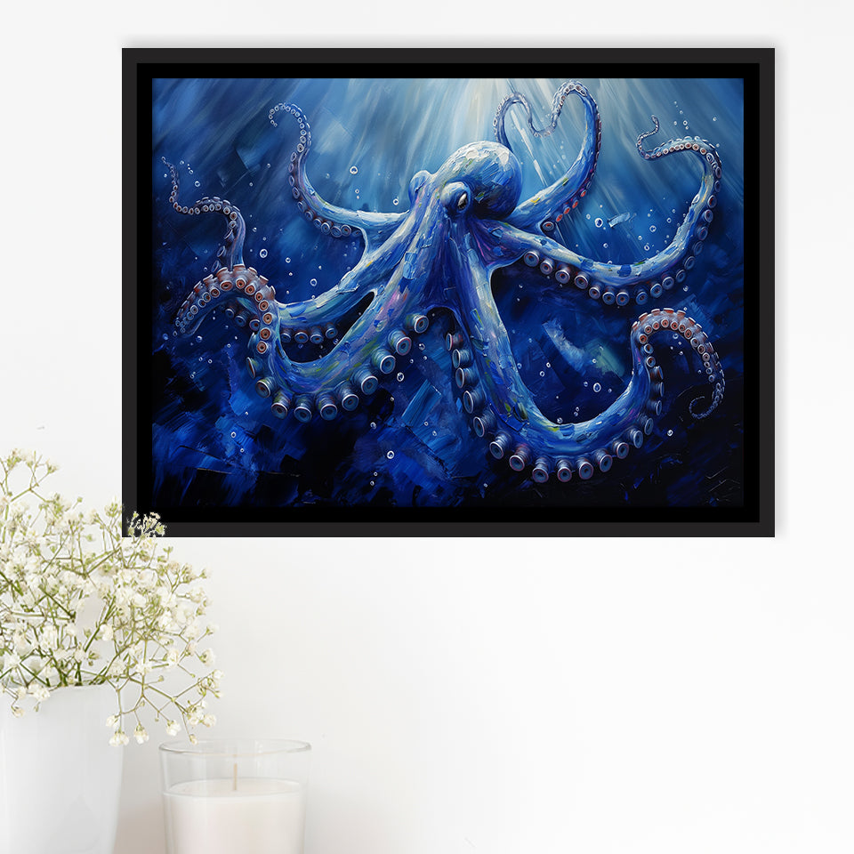 Octopus In The Sea Ocean Acrylic Painting Blue, Floating Frame, Framed Canvas Print Wall Art Home Decor