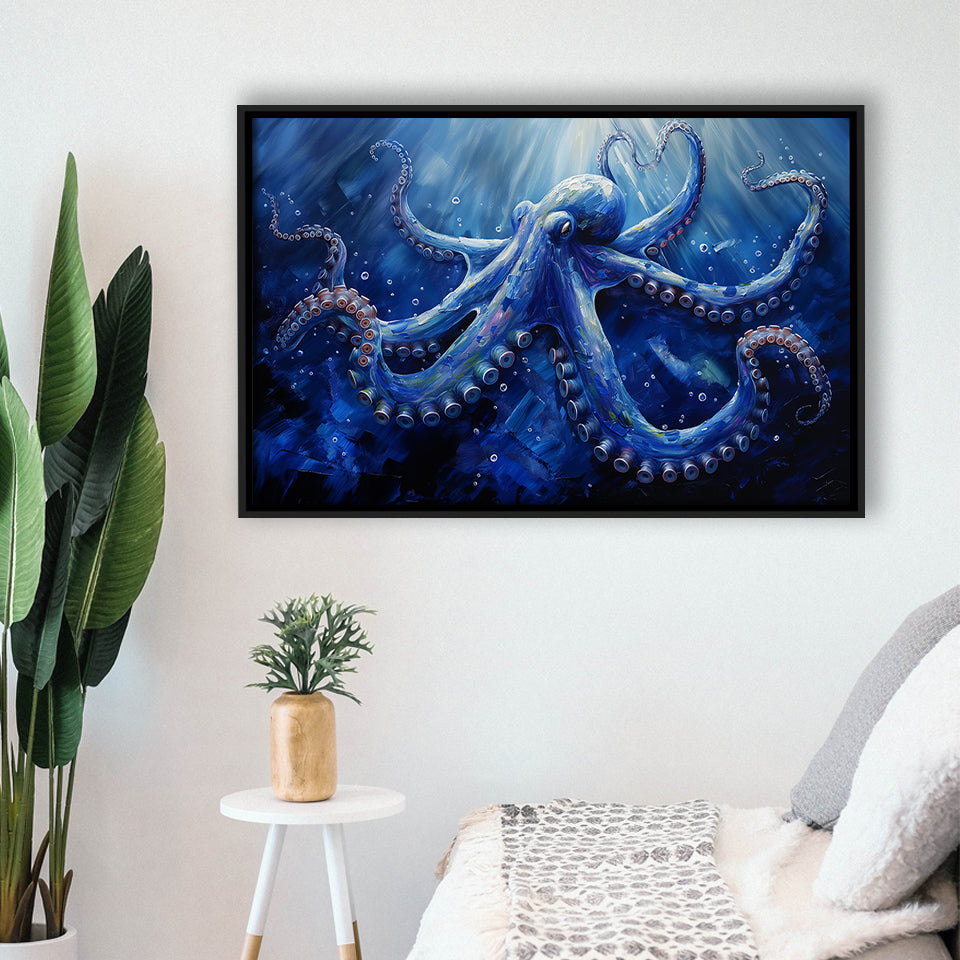 Octopus In The Sea Ocean Acrylic Painting Blue, Floating Frame, Framed Canvas Print Wall Art Home Decor