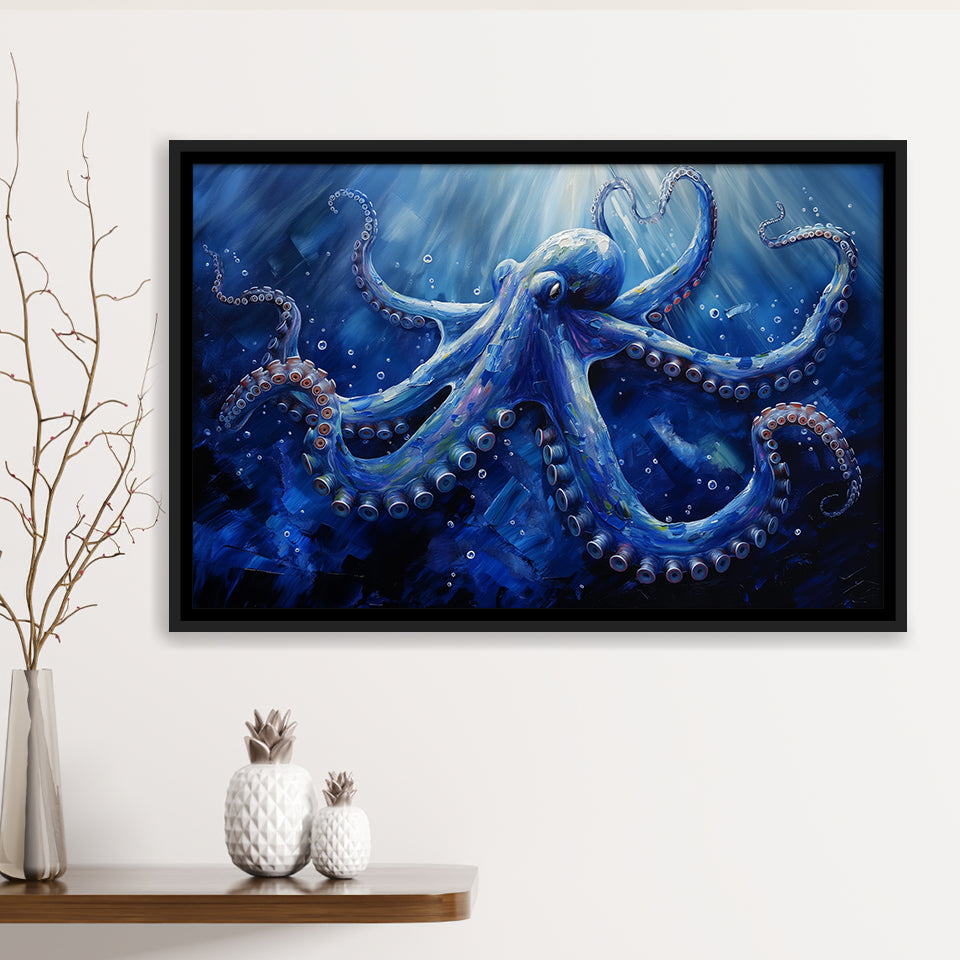Octopus In The Sea Ocean Acrylic Painting Blue, Floating Frame, Framed Canvas Print Wall Art Home Decor
