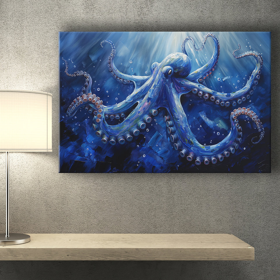 Octopus In The Sea Ocean Acrylic Painting Blue, Art Print, Canvas Print Wall Art Home Decor