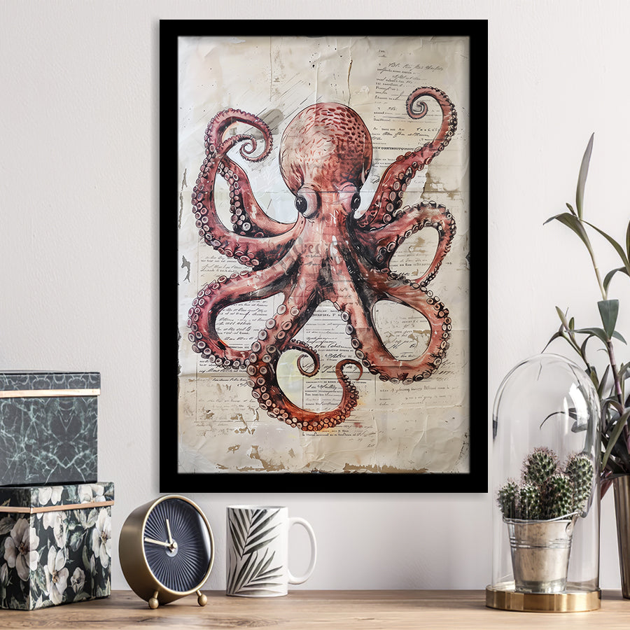 Octopus Portrait Painting old Paper Vintage, Framed Art Prints Wall Decor, Picture Framed Painting
