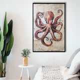 Octopus Portrait Painting old Paper Vintage, Framed Canvas Prints Wall Art Decor, Floarting Frame Painting Canvas Art
