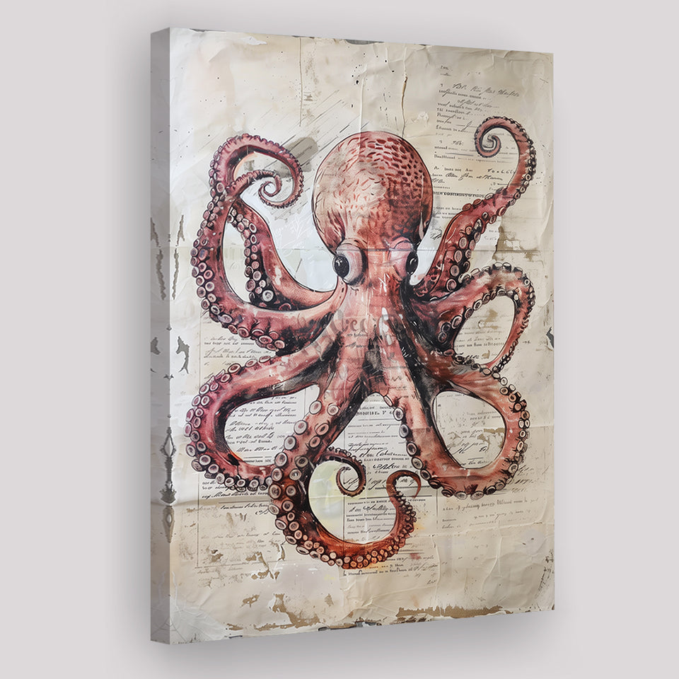 Octopus Portrait Painting old Paper Vintage, Canvas Prints Wall Art Home Decor, Painting Canvas Art