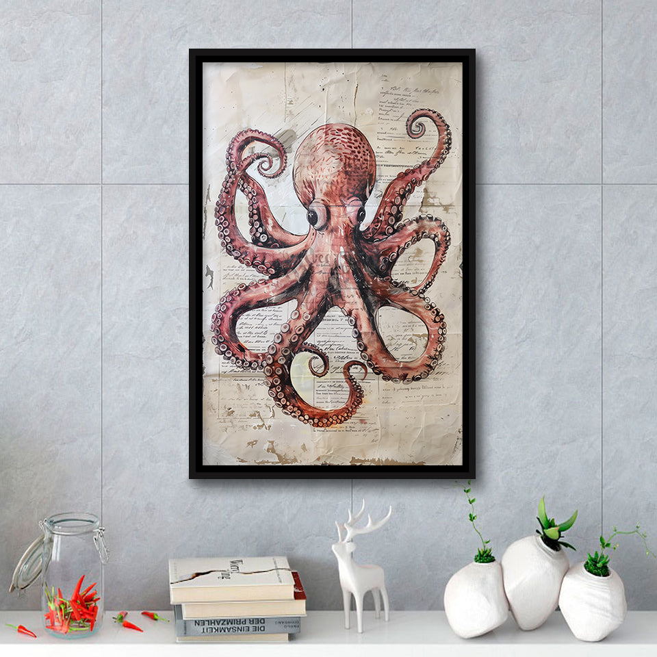 Octopus Portrait Painting old Paper Vintage, Framed Canvas Prints Wall Art Decor, Floarting Frame Painting Canvas Art