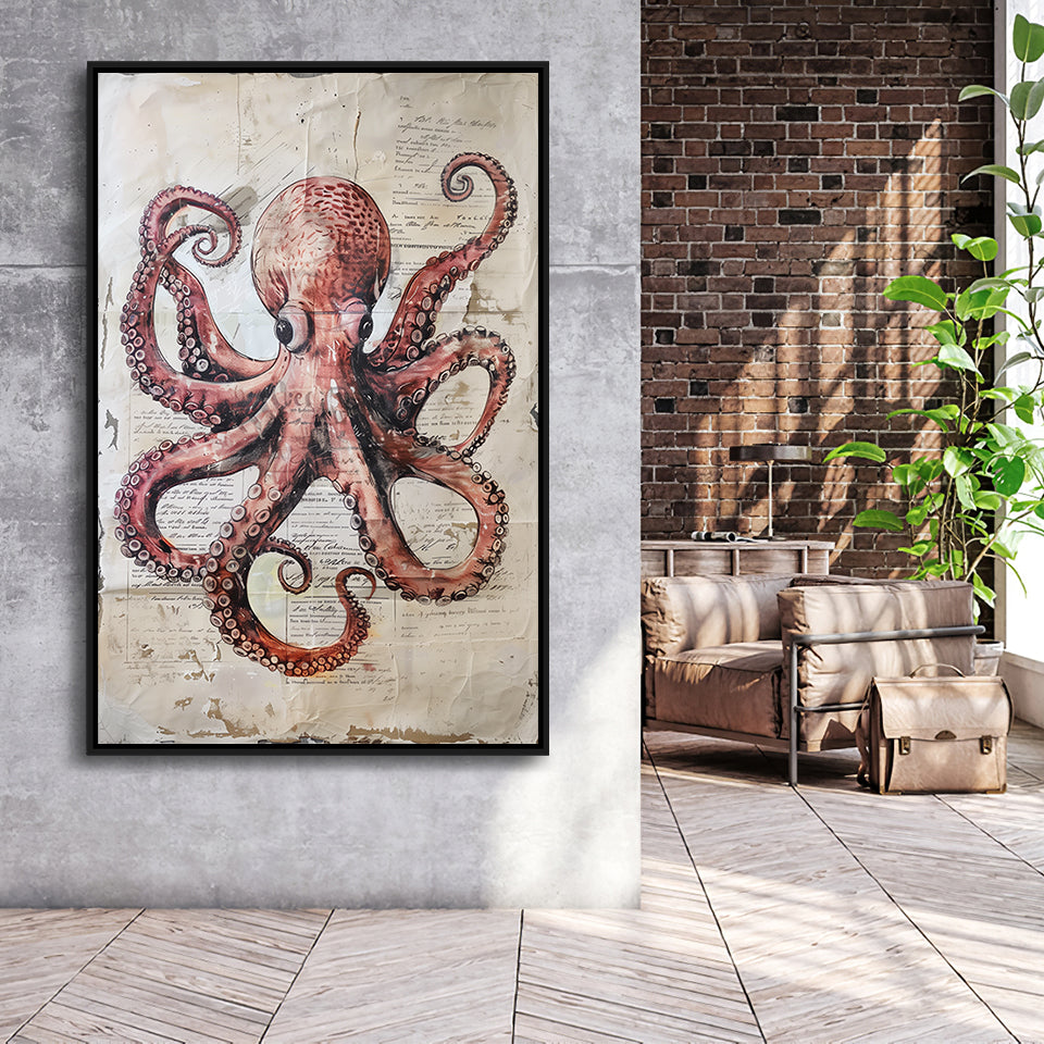 Octopus Portrait Painting old Paper Vintage, Framed Canvas Prints Wall Art Decor, Floarting Frame Painting Canvas Art