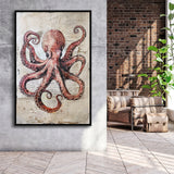 Octopus Portrait Painting old Paper Vintage, Framed Canvas Prints Wall Art Decor, Floarting Frame Painting Canvas Art