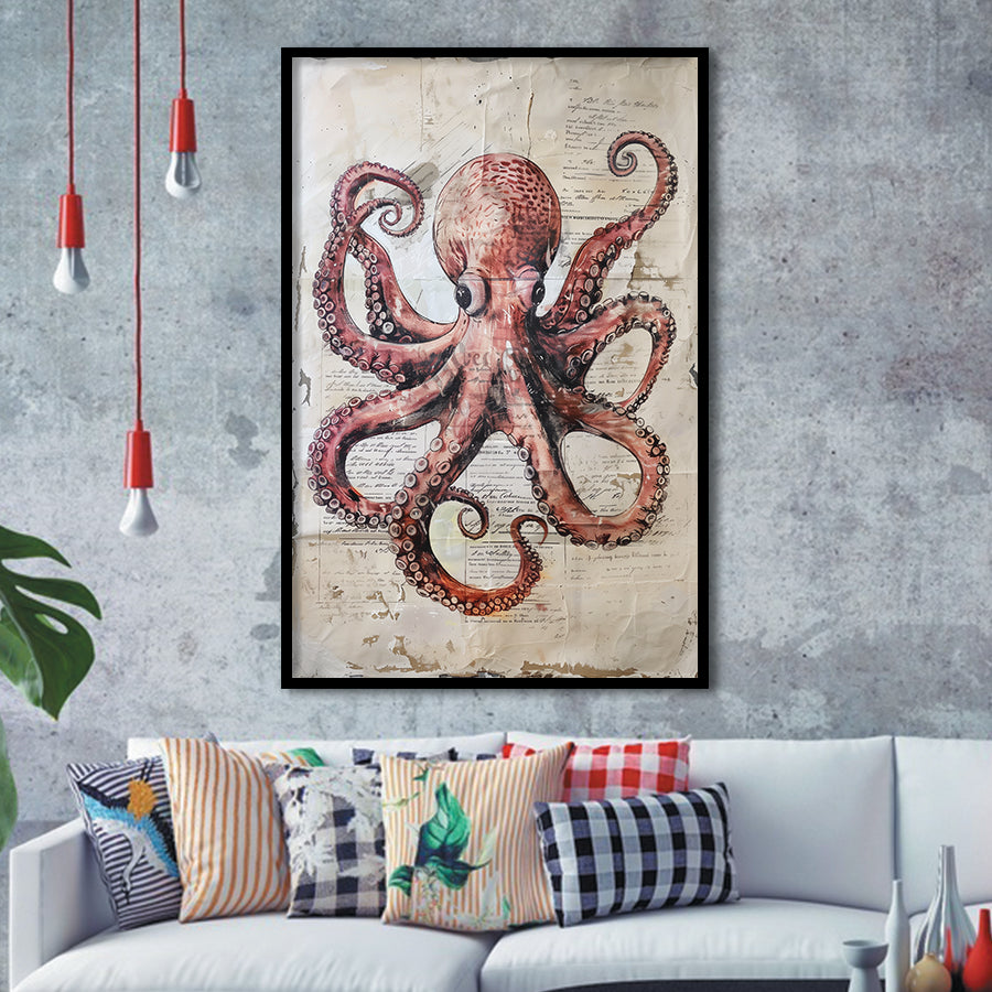 Octopus Portrait Painting old Paper Vintage, Framed Art Prints Wall Decor, Picture Framed Painting