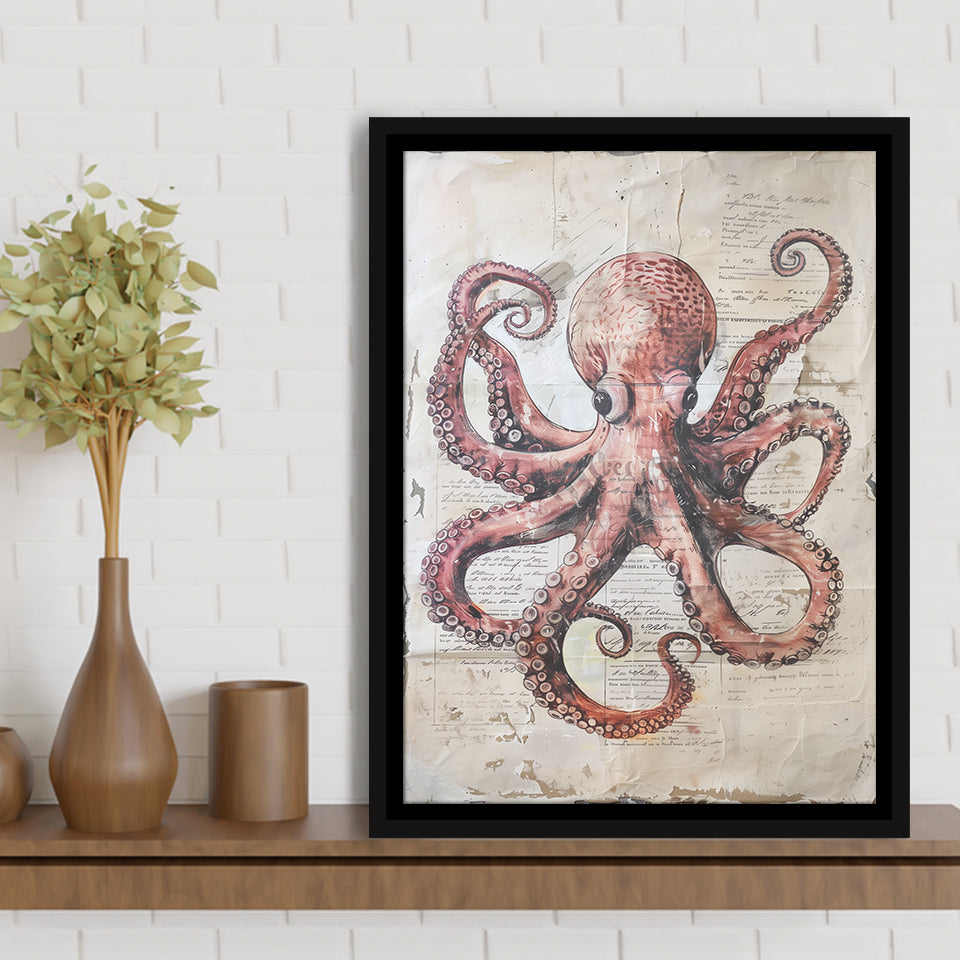 Octopus Portrait Painting old Paper Vintage, Framed Canvas Prints Wall Art Decor, Floarting Frame Painting Canvas Art