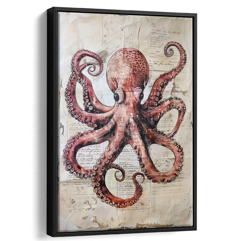 Octopus Portrait Painting old Paper Vintage, Framed Canvas Prints Wall Art Decor, Floarting Frame Painting Canvas Art