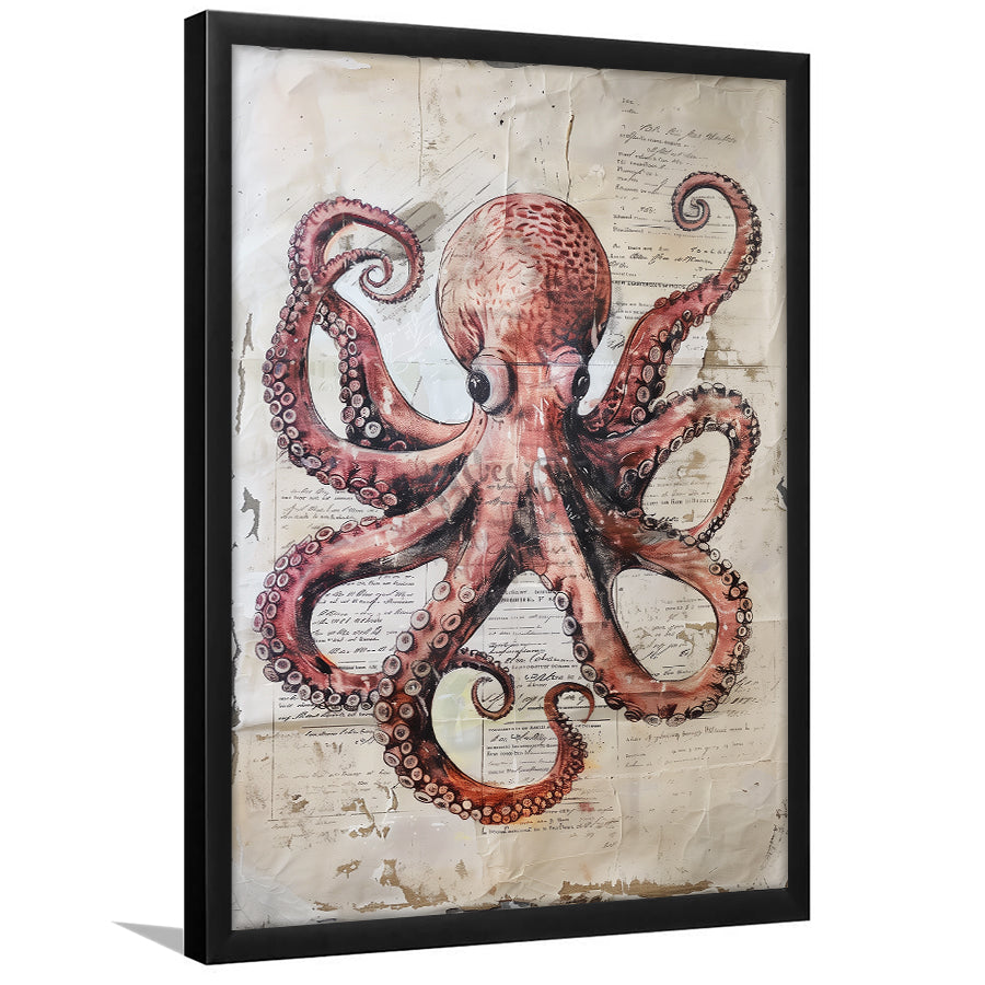 Octopus Portrait Painting old Paper Vintage, Framed Art Prints Wall Decor, Picture Framed Painting