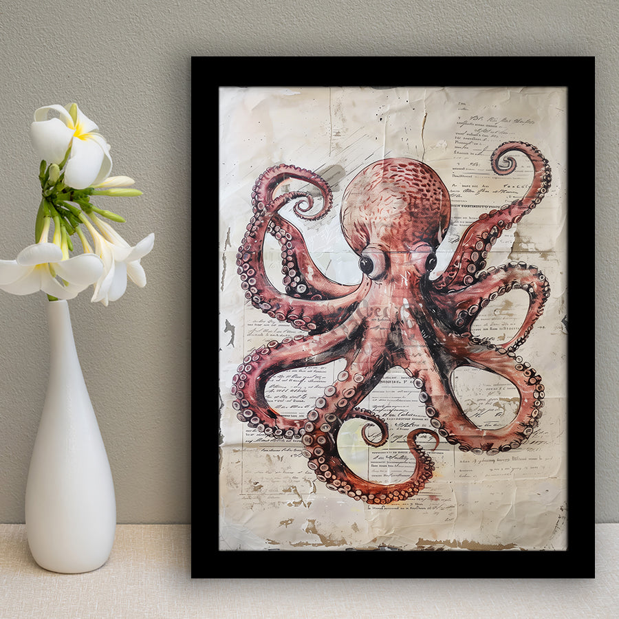 Octopus Portrait Painting old Paper Vintage, Framed Art Prints Wall Decor, Picture Framed Painting