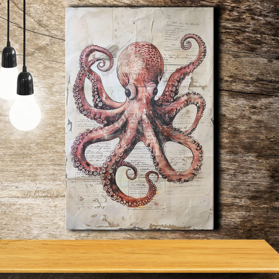 Octopus Portrait Painting old Paper Vintage, Canvas Prints Wall Art Home Decor, Painting Canvas Art