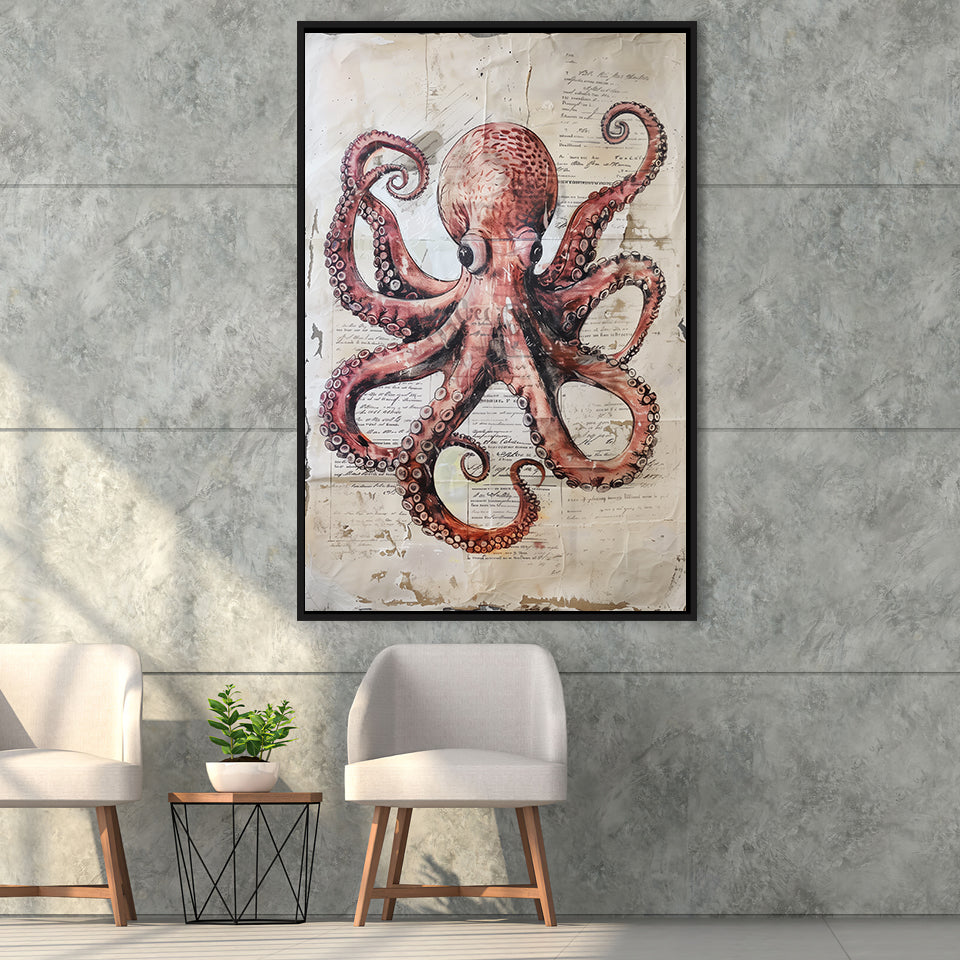 Octopus Portrait Painting old Paper Vintage, Framed Canvas Prints Wall Art Decor, Floarting Frame Painting Canvas Art