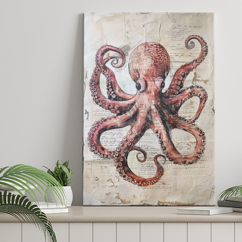 Octopus Portrait Painting old Paper Vintage, Canvas Prints Wall Art Home Decor, Painting Canvas Art