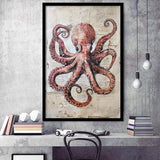 Octopus Portrait Painting old Paper Vintage, Framed Art Prints Wall Decor, Picture Framed Painting