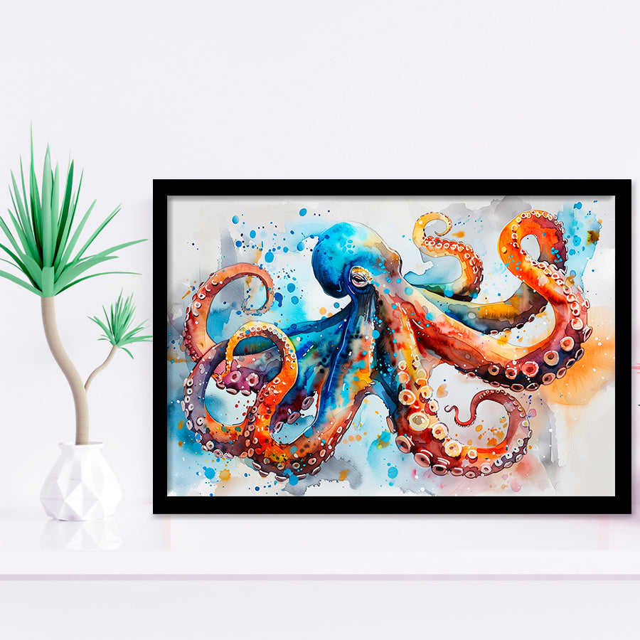 Octopus Watercolor Painting Mixed Color Art, Framed Art Print Wall Decor, Picture Framed Painting Art
