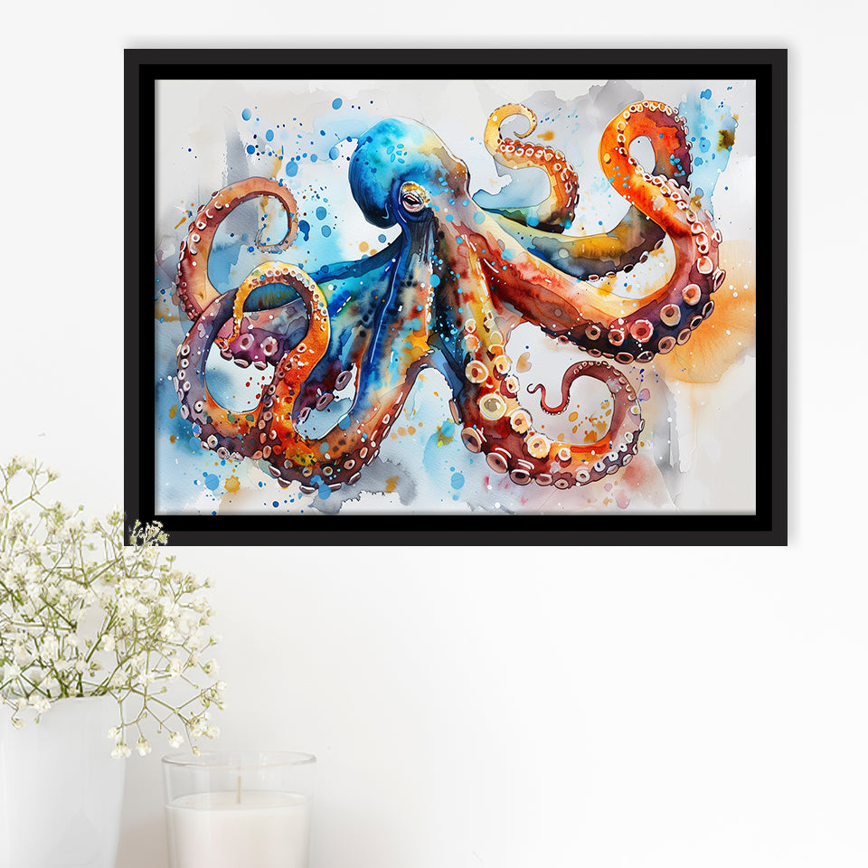 Octopus Watercolor Painting Mixed Color Art, Framed Canvas Print Wall Art Decor, Floating Frame Painting Canvas